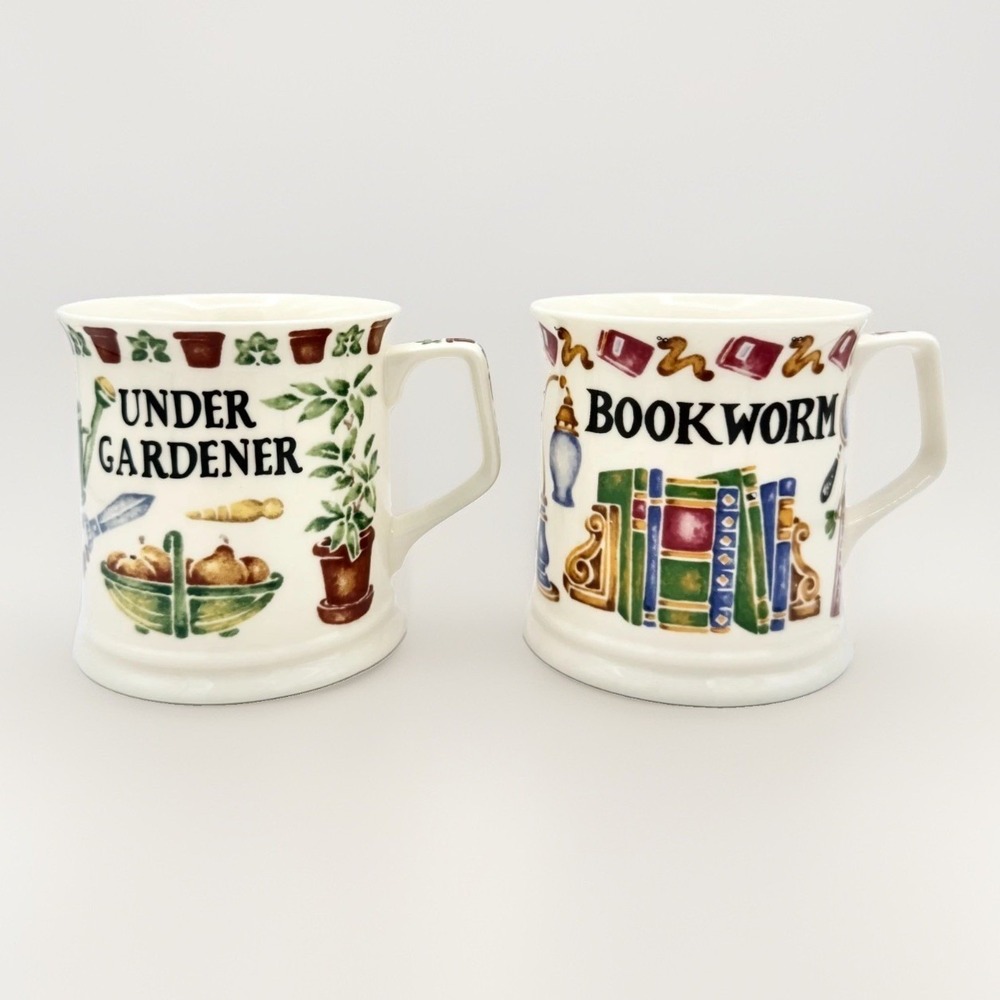 Past Times "Bookworm" & "Under Gardener" Fine Bone China Mug Set Oxford England
